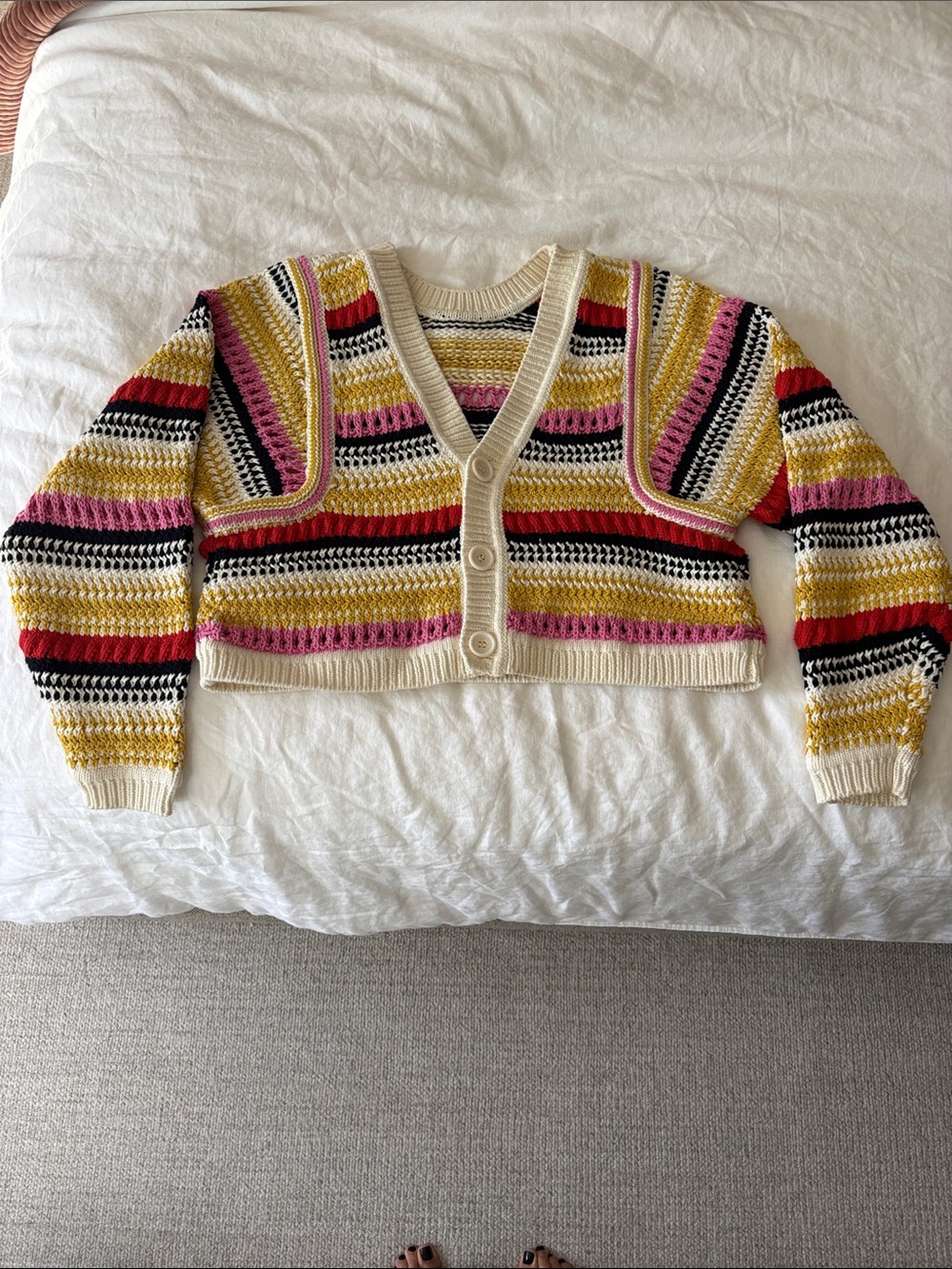 Crochet Stripe V-Neck Crop Cardigan Sweater - Cream, Gold, Pink, Red, Black